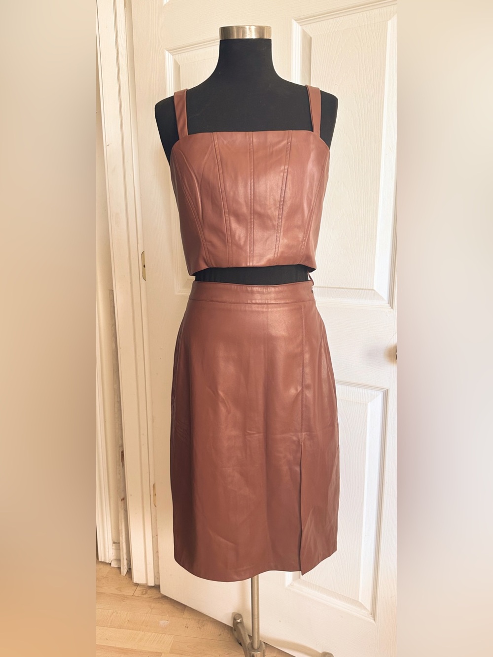 NWT JASON WU Brown Faux Vegan Leather Midi Skirt and crop top SET Medium